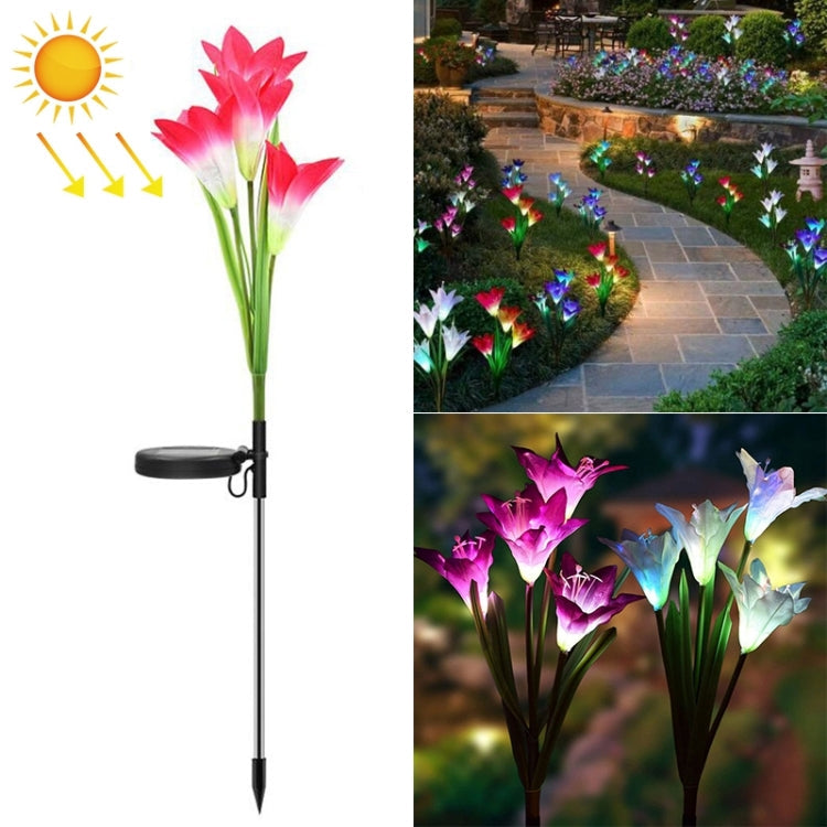 Simulated Lily Flower 4 Heads Solar Powered Outdoor IP55 Waterproof LED Decorative Lawn Lamp, White Light, White Light White Light Pink