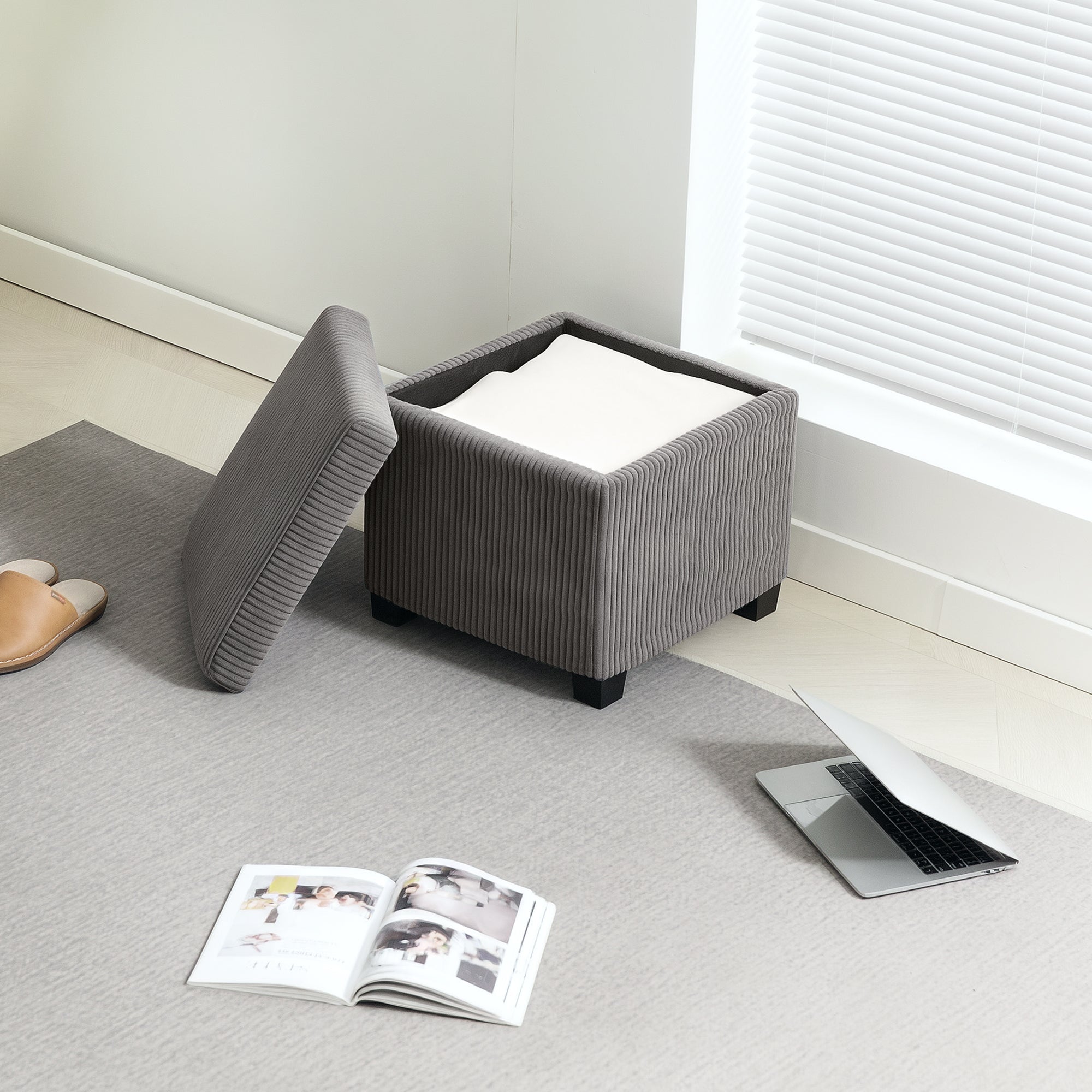 Storage Ottoman Bench, Corduroy Footstool with Removable Lid and Legs, Grey