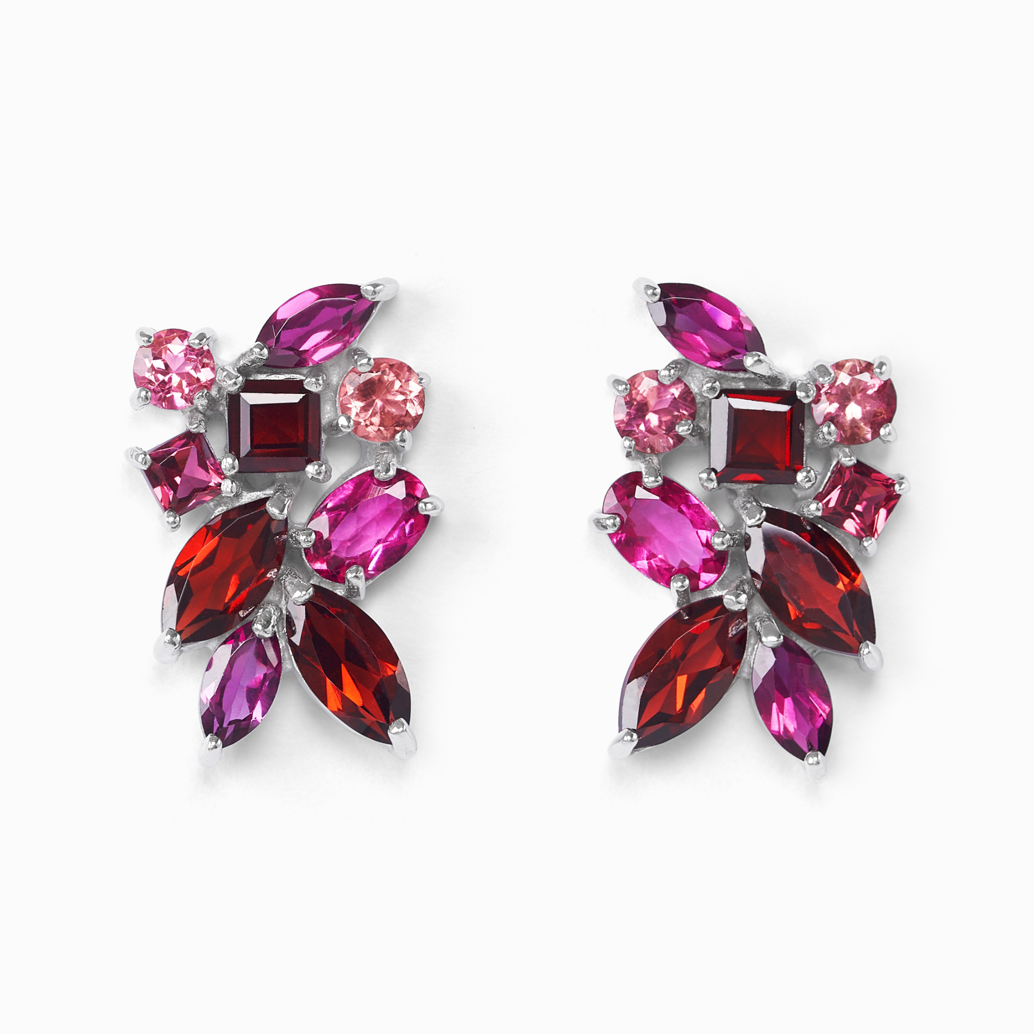 Large Red Gemstone Cluster Earrings in Sterling Silver