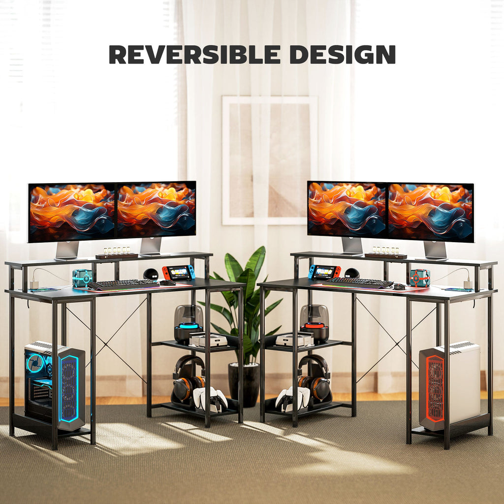 Computer Desk with Power Outlets and LED Lights, 120 x 50cm Reversible Home Office Desk with Monitor Stand and 2-Tier Storage Shelves, Gaming Desk with Cable Management, Black