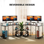Computer Desk with Power Outlets and LED Lights, 120 x 50cm Reversible Home Office Desk with Monitor Stand and 2-Tier Storage Shelves, Gaming Desk with Cable Management, Black