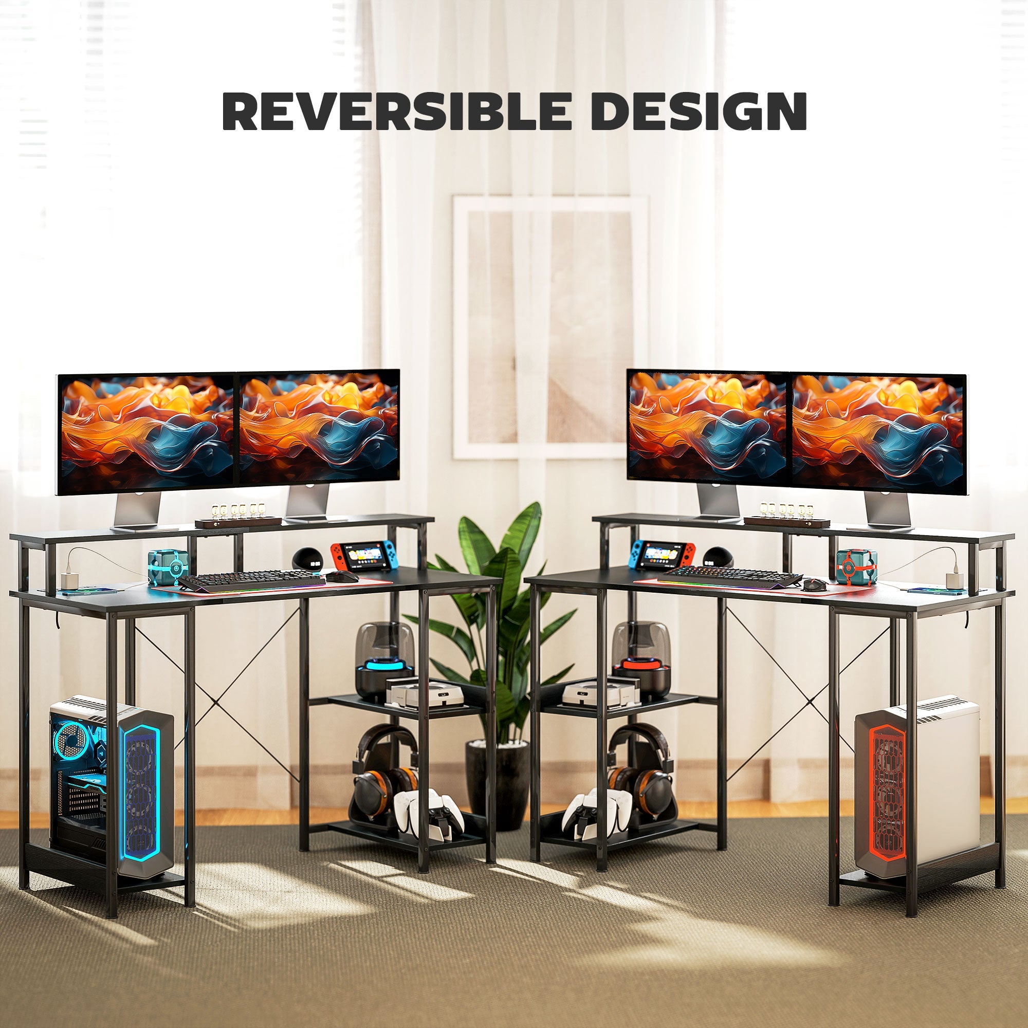 Computer Desk with Power Outlets and LED Lights, 120 x 50cm Reversible Home Office Desk with Monitor Stand and 2-Tier Storage Shelves, Gaming Desk with Cable Management, Black