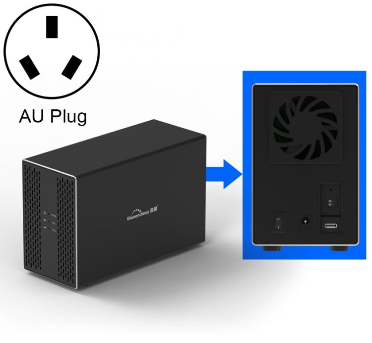 Blueendless Type-C / USB-C Interface 3.5 inch 2 Bay RAID Combination Array HDD External Enclosure, Type-C – Wear-resistant, Aluminum Alloy Type-C AU Plug