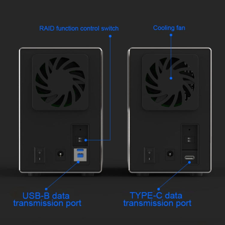 Blueendless Type-C / USB-C Interface 3.5 inch 2 Bay RAID Combination Array HDD External Enclosure, Type-C – Wear-resistant, Aluminum Alloy