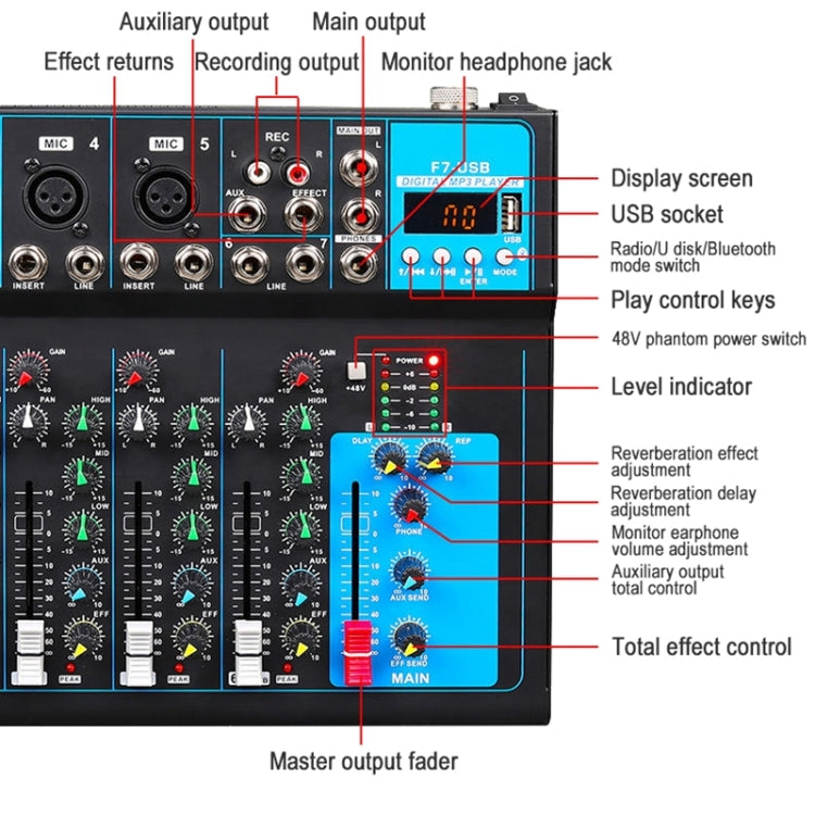 F7 Home 7-channel Bluetooth USB Reverb Mixer, US Plug, F7 US Plug – Bluetooth, TPU