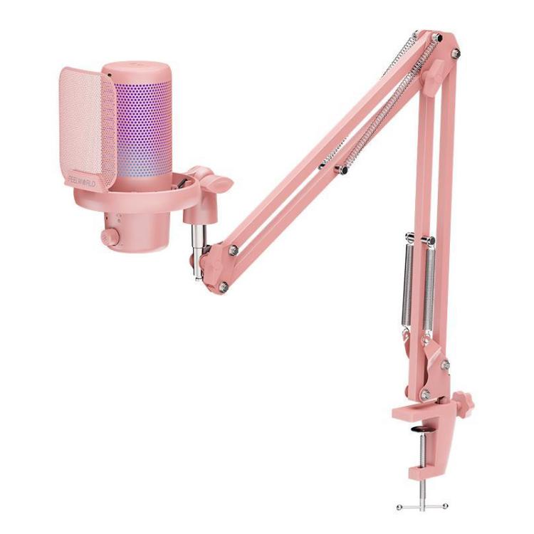 FEELWORLD VM1 USB Condenser Gaming Microphone for Streaming Noise Cancellation Mute RGB Light Boom Arm Stand, VM1-AS VM1-AS Pink