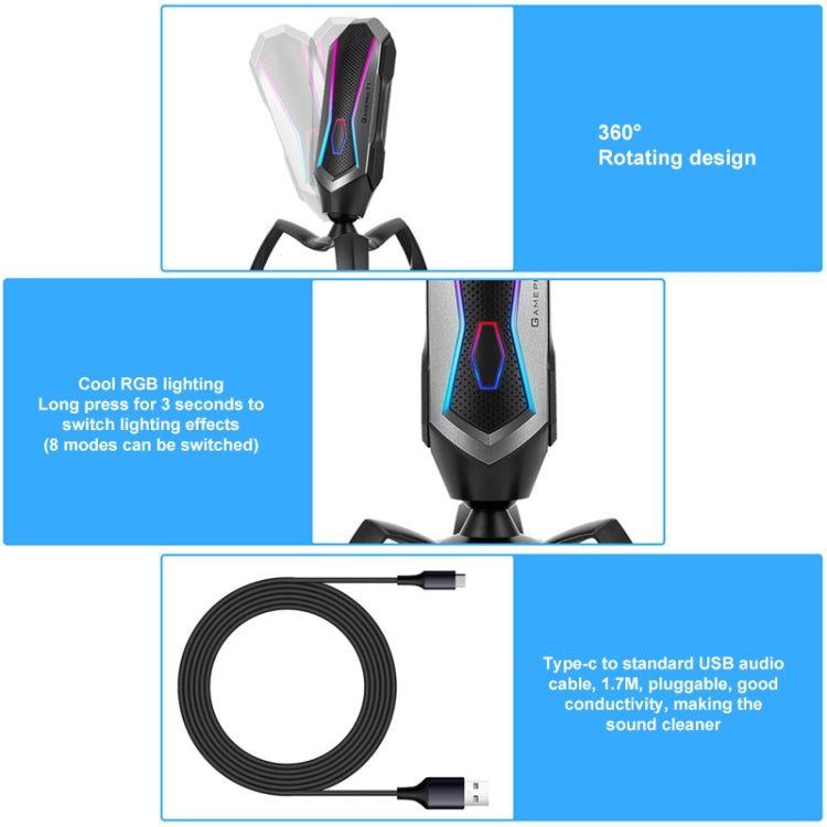 Yanmai T1 360-degree Free Rotation Cardioid Pointing Condenser Gaming Microphone with RGB Colorful Lighting & Pluggable USB-C / Type-C Cable, Cable Length: 1.7m, T1