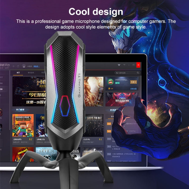 Yanmai T1 360-degree Free Rotation Cardioid Pointing Condenser Gaming Microphone with RGB Colorful Lighting & Pluggable USB-C / Type-C Cable, Cable Length: 1.7m, T1