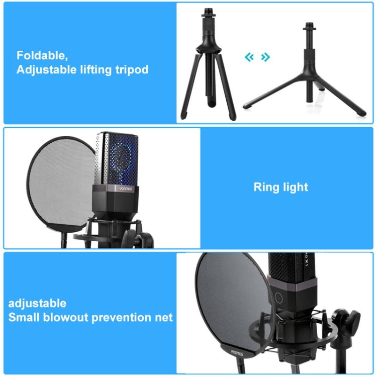 Yanmai X1 4 in 1 Foldable Lifting Professional Desktop Live Broadcast Cardioid Pointing Condenser Recording Microphone Set with Blowout Net & Shockproof Mount & 1.8m USB-C / Type-C Cable, X1