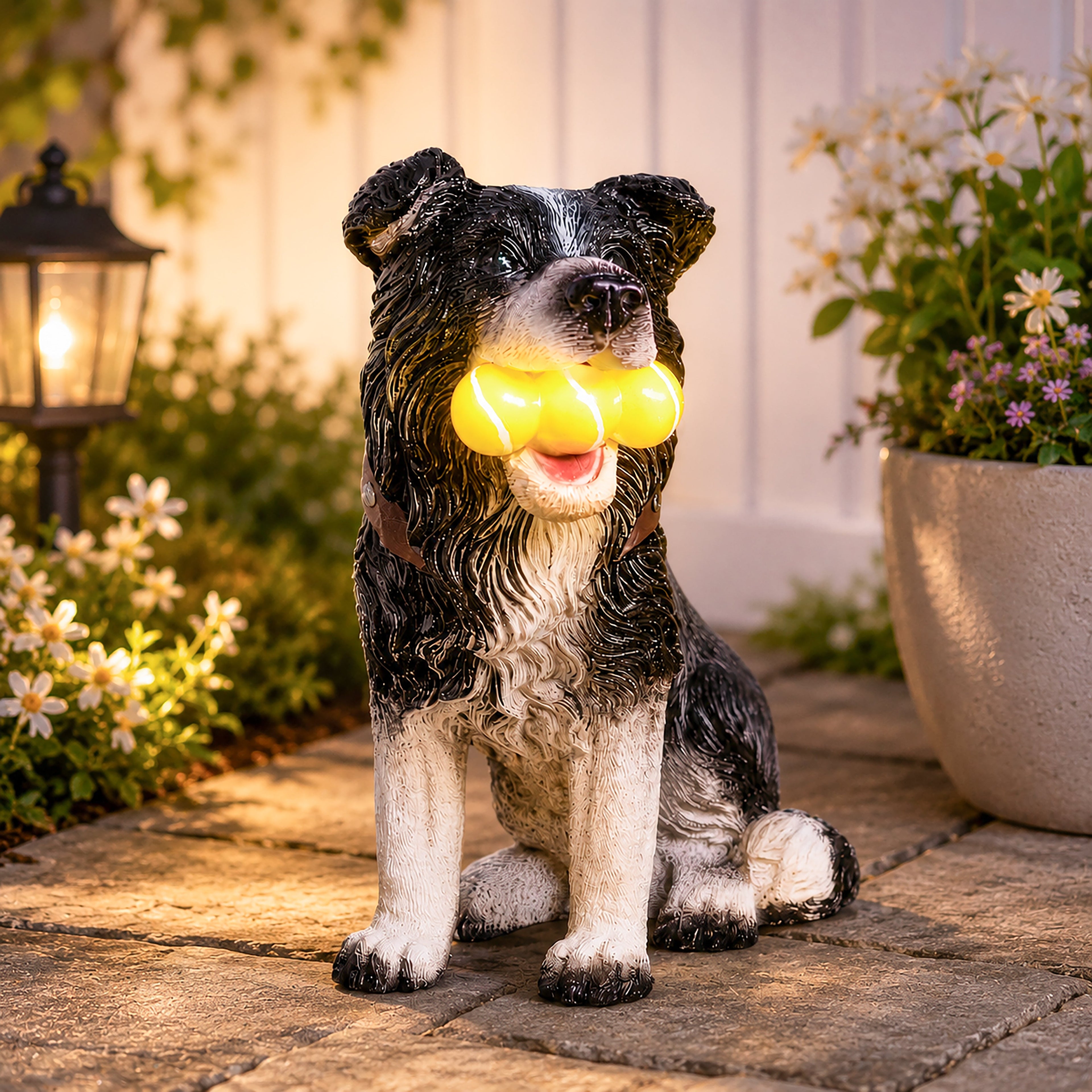 Solar Dog Garden Ornament Light Up Tennis Balls Puppy Statue