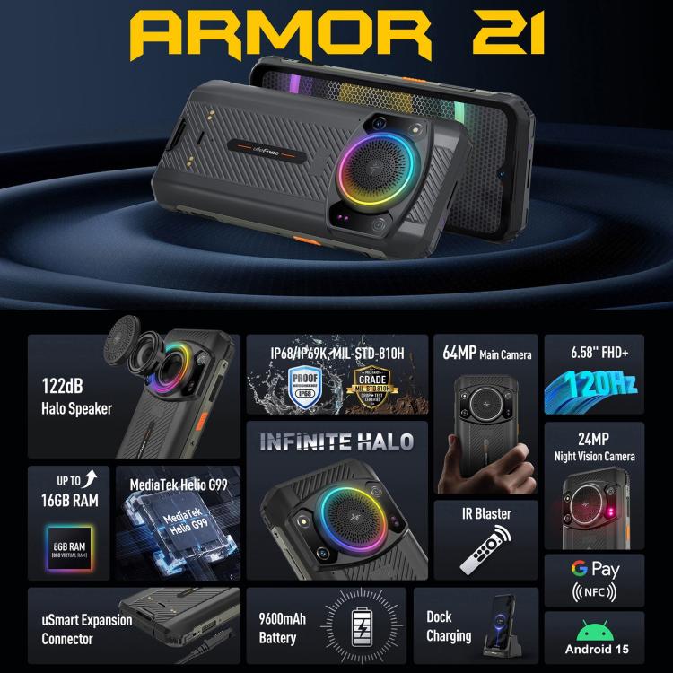 Dual Back Cameras, IP68/IP69K Waterproof Dustproof Shockproof, Face ID & Fingerprint Identification, 6.58 inch Android 13 MediaTek Helio G99 Octa Core up to 2.2GHz, Network: 4G, OTG, NFC, Global Version with Google Play, Armor 21 – Shockproof, Waterproof