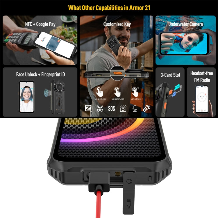 Dual Back Cameras, IP68/IP69K Waterproof Dustproof Shockproof, Face ID & Fingerprint Identification, 6.58 inch Android 13 MediaTek Helio G99 Octa Core up to 2.2GHz, Network: 4G, OTG, NFC, Global Version with Google Play, Armor 21 – Shockproof, Waterproof