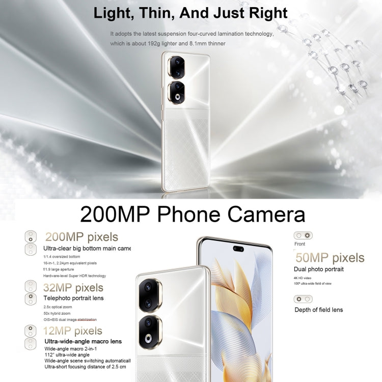 Triple Back Cameras + Dual Front Cameras, Screen Fingerprint Identification, 6.78 inch Magic UI 7.1 Android 13 Qualcomm Snapdragon 8+ Gen 1 Octa Core up to 3.0GHz, Network: 5G, OTG, NFC, Not Support Google Play, Honor 90 Pro 5G 12GB+256GB
