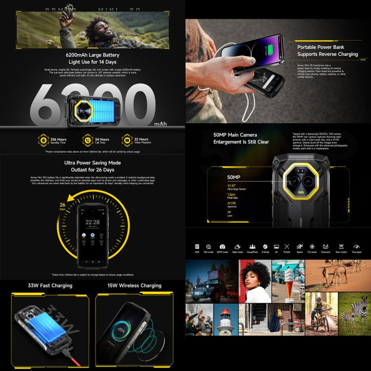 Ulefone Armor Mini 20, Night Vision, 8GB+256GB, IP68/IP69K Rugged Phone, 4.7 inch Android 14 MediaTek Dimensity 6300 Octa Core, Network: 4G, NFC, OTG, Armor Mini 20 – Lanyard, Magnetic, Card Slot