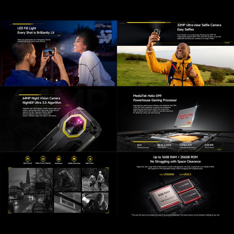 Ulefone Armor Mini 20, Night Vision, 8GB+256GB, IP68/IP69K Rugged Phone, 4.7 inch Android 14 MediaTek Dimensity 6300 Octa Core, Network: 4G, NFC, OTG, Armor Mini 20 – Lanyard, Magnetic, Card Slot