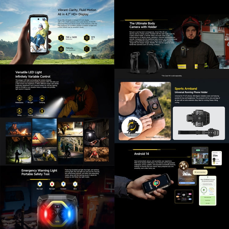 Ulefone Armor Mini 20, Night Vision, 8GB+256GB, IP68/IP69K Rugged Phone, 4.7 inch Android 14 MediaTek Dimensity 6300 Octa Core, Network: 4G, NFC, OTG, Armor Mini 20 – Lanyard, Magnetic, Card Slot