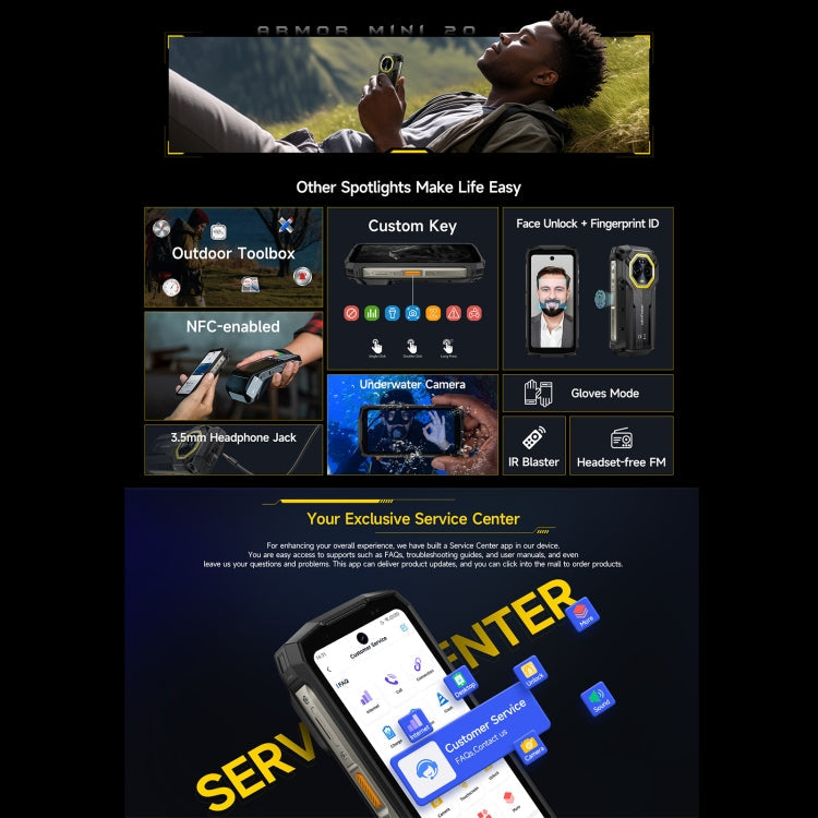 Ulefone Armor Mini 20, Night Vision, 8GB+256GB, IP68/IP69K Rugged Phone, 4.7 inch Android 14 MediaTek Dimensity 6300 Octa Core, Network: 4G, NFC, OTG, Armor Mini 20 – Lanyard, Magnetic, Card Slot