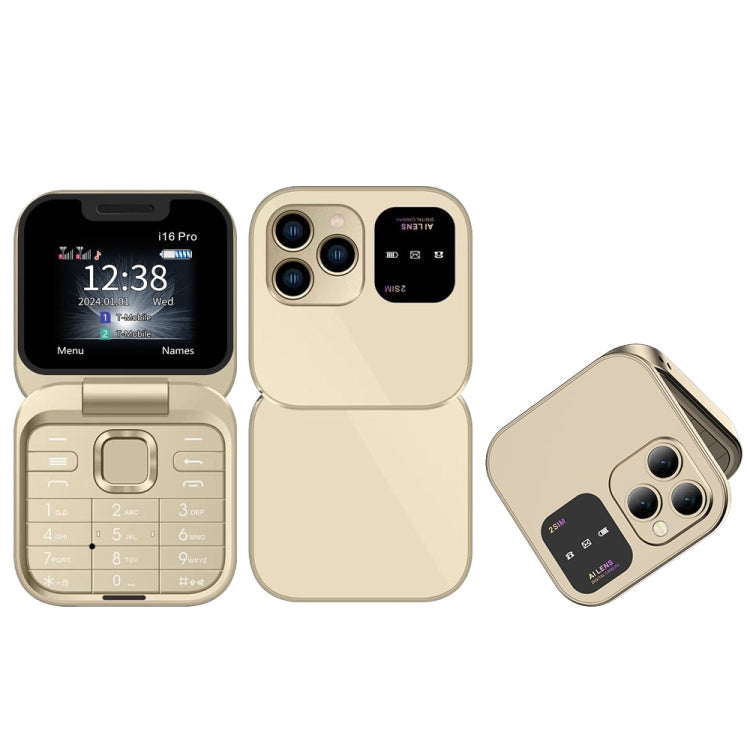 SERVO i16 Pro Mini Flip Phone, 1.77 inch, MTK6261D, 23 Keys, Support Bluetooth, FM, Magic Sound, Quick Dial, GSM, Dual SIM – Flip, Bluetooth Gold