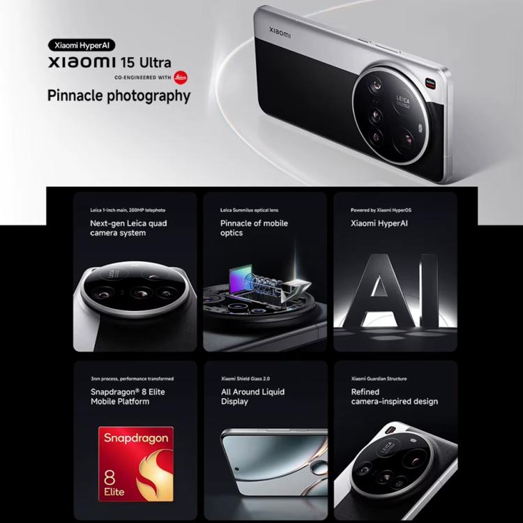 Xiaomi 15 Ultra Global, 16GB+512GB, 3D Ultrasonic Fingerprint, 200MP Camera, 6.73 inch Xiaomi HyperOS 2 Snapdragon 8 Elite Octa Core 3nm, NFC, Network: 5G, Xiaomi 15 Ultra Global, 16GB+512GB (Black) – Card Slot, Fast Charging, Bluetooth