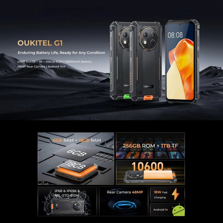 Oukitel G1 Rugged Phone, 6GB+256GB, Fingerprint Identification, 6.52 inch Android 14 T606 Octa Core, NFC, OTG, Network: 4G – Bluetooth