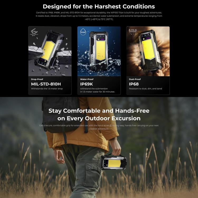 Oukitel WP100 TITAN 5G Projector Rugged Phone, 16GB+512GB, 200MP Camera, Fingerprint Identification, 6.8 inch Android 14 MediaTek Dimensity 7300 Octa Core, NFC, OTG, Network: 5G, WP100 TITAN – Durable Build, Easy to Use