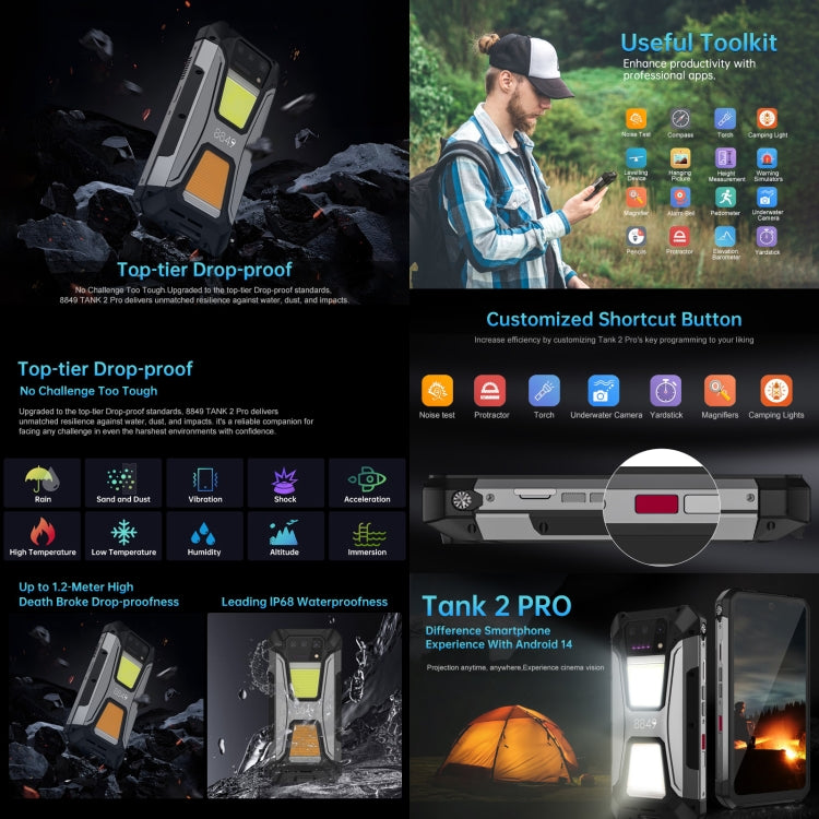 Unihertz 8849 Tank 2 Pro Night Vision Projector Rugged Phone, 12GB+256GB, 6.79 inch Android 14 MTK6789 Octa Core, Network: 4G – Aluminum Alloy, TPU