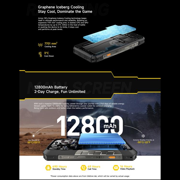 Ulefone Armor 30, 12GB+512GB, Night Vision, IP68/IP69K Rugged Phone, 6.95 inch Android 15 MediaTek Helio G100 Octa Core, Network: 4G, NFC, OTG, Armor 30 – Lanyard, Magnetic, Card Slot