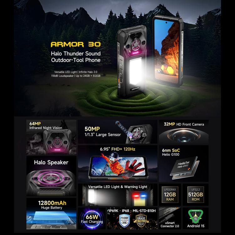 Ulefone Armor 30, 12GB+512GB, Night Vision, IP68/IP69K Rugged Phone, 6.95 inch Android 15 MediaTek Helio G100 Octa Core, Network: 4G, NFC, OTG, Armor 30 – Lanyard, Magnetic, Card Slot