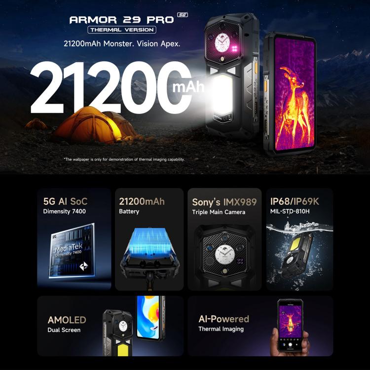 Ulefone Armor 29 Pro Thermal Version Rugged Phone, 16GB+512GB, Night Vision, 6.67 inch + 1.04 inch Android 15 MediaTek Dimensity 7400 Octa Core, Network: 5G, OTG, NFC, Armor 29 Pro Thermal Version