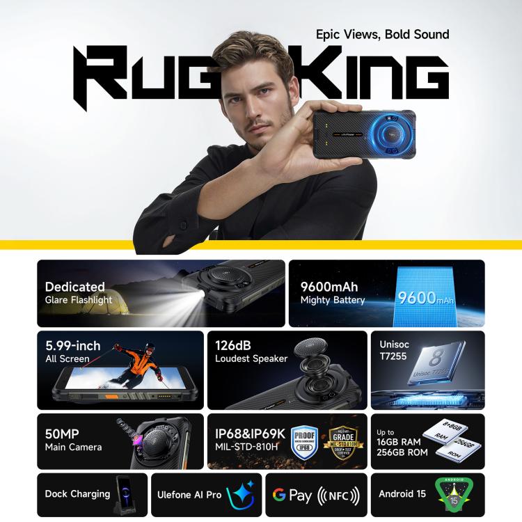 Ulefone RugKing, 8GB+256GB, IP68/IP69K Rugged Phone, 5.99 inch Android 15 Unisoc T7255 Octa Core, Network: 4G, NFC, OTG, RugKing, 8GB+256GB