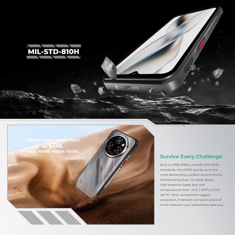Oukitel WP62 Rugged Phone, 16GB+512GB, 108MP Camera, Fingerprint Identification, 6.6 inch Android 15 MediaTek Dimensity 7025 Octa Core, NFC, OTG, Network: 5G, 16GB+512GB