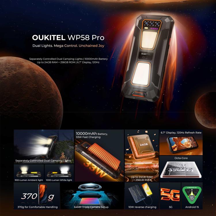 Oukitel WP58 Pro Rugged Phone, 8GB+256GB, Side Fingerprint Identification, 6.7 inch Android 15 UMS9621S Octa Core, NFC, OTG, Network: 5G, 8GB+256GB