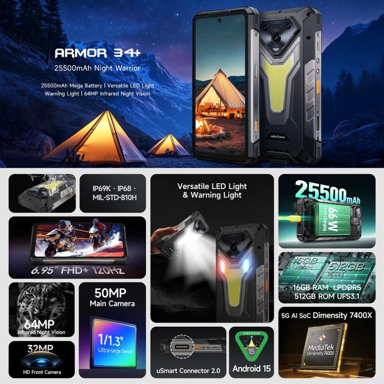 Ulefone Armor 34+, 16GB+512GB, Night Vision, IP68/IP69K Rugged Phone, 6.95 inch Android 15 MediaTek Dimensity 7400X Octa Core, Network: 5G, NFC, OTG, Armor 34+