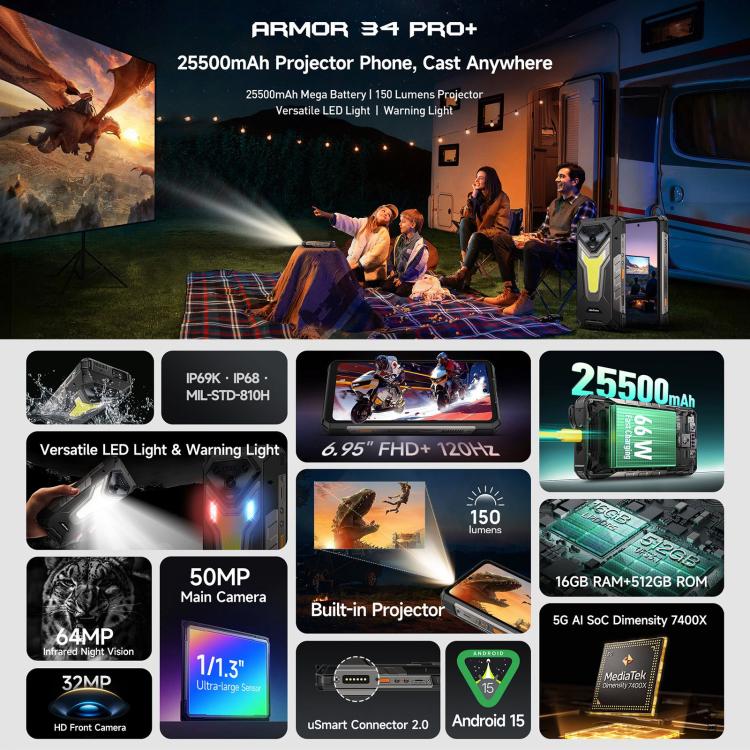 Ulefone Armor 34 Pro+ Projector, 16GB+512GB, Night Vision, IP68/IP69K Rugged Phone, 6.95 inch Android 15 MediaTek Dimensity 7400X Octa Core, Network: 5G, NFC, OTG, Armor 34 Pro+ – Lanyard, Magnetic, Card Slot