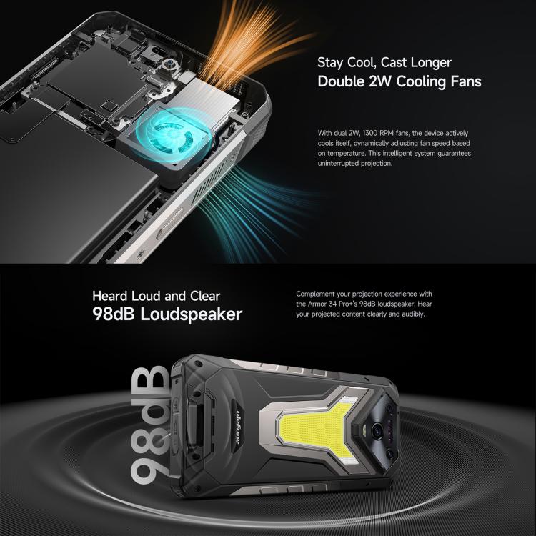 Ulefone Armor 34 Pro+ Projector, 16GB+512GB, Night Vision, IP68/IP69K Rugged Phone, 6.95 inch Android 15 MediaTek Dimensity 7400X Octa Core, Network: 5G, NFC, OTG, Armor 34 Pro+ – Lanyard, Magnetic, Card Slot