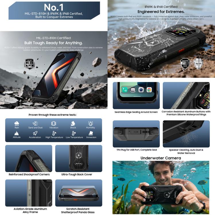 Blackview ROCK 1 Rugged Phone, 8GB+256GB, 6.56 inch Android 16 MT6769V/CB Helio G81 Octa Core, Network: 4G, OTG, NFC, ROCK 1 8GB+256GB – Magnetic