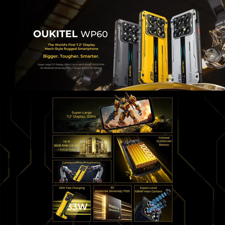 Oukitel WP60 Rugged Phone, 12GB+512GB, Night Vision, 108MP Camera, Side Fingerprint, 7.2 inch Android 15 MediaTek Dimensity 7025 Octa Core, NFC, OTG, Network: 5G, 12GB+512GB – Durable Build, Easy to Use