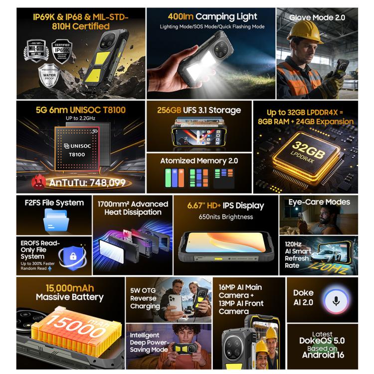 Blackview ROCK 2 Pro Rugged Phone, 8GB+256GB, 6.67 inch Android 16 Unisoc UMS9620 T8100 Octa Core, Network: 5G, OTG, NFC
