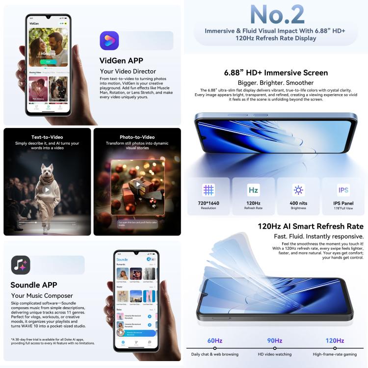 Blackview WAVE 10, 8GB+256GB, 6.88 inch Android 16 Unisoc UMS9230E Octa Core, Network: 4G, OTG, WAVE 10, 8GB+128GB – Durable Build, Easy to Use