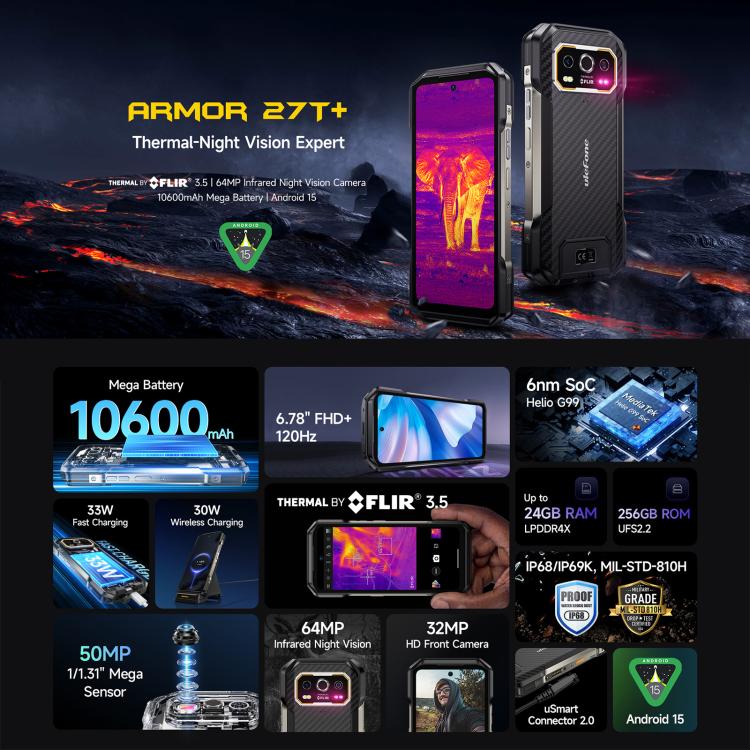 Ulefone Armor 27T+ Rugged Phone, 12GB+256GB, Thermal Imager, Night Vision, 10600mAh, 6.78 inch Android 14 MediaTek Helio G99 Octa Core, Network: 4G, NFC, OTG, Armor 27T+ – Lanyard, Magnetic, Card Slot
