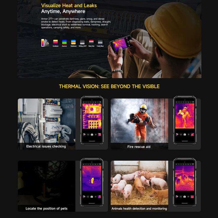 Ulefone Armor 27T+ Rugged Phone, 12GB+256GB, Thermal Imager, Night Vision, 10600mAh, 6.78 inch Android 14 MediaTek Helio G99 Octa Core, Network: 4G, NFC, OTG, Armor 27T+ – Lanyard, Magnetic, Card Slot