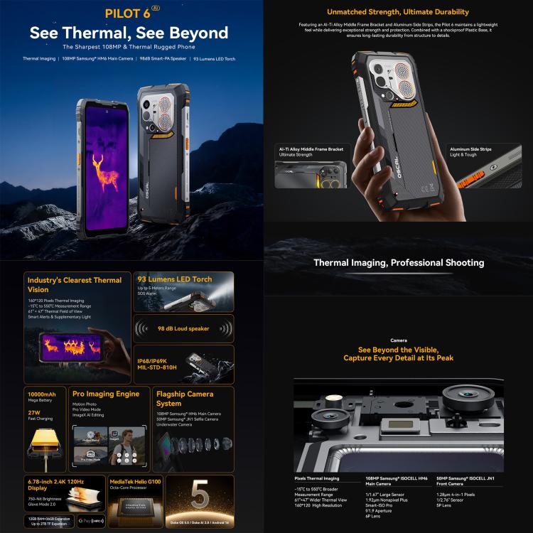 Blackview Oscal Pilot 6 Thermal Rugged Phone, 12GB+256GB, Night Vision Camera, 6.78 inch Android 16 MediaTek MT8781 Helio G100 Octa Core, Network: 5G, OTG, NFC – Magnetic
