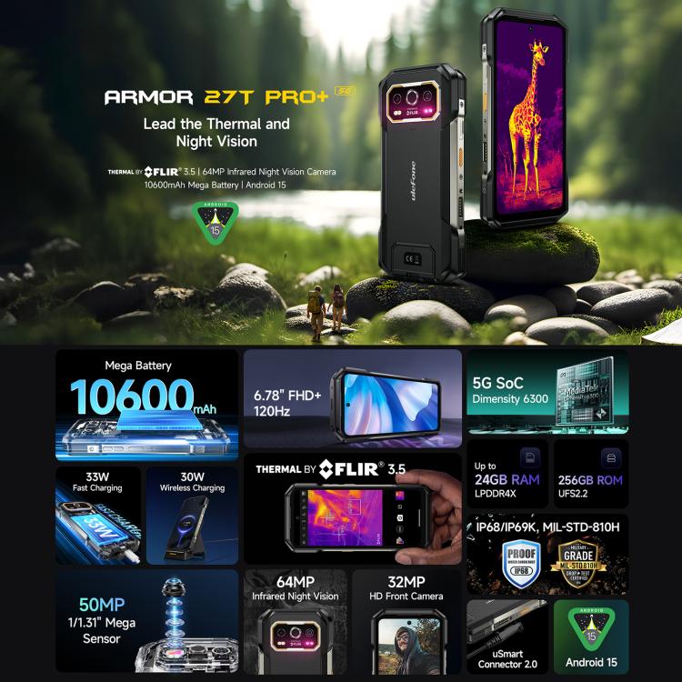 Ulefone Armor 27T Pro+ Rugged Phone, FLIR 3.5 Thermal Imaging, 12GB+256GB, Night Vision, 10600mAh, 6.78 inch Android 15 MediaTek Dimensity 6300 Octa Core, Network: 5G, NFC, Armor 27T Pro+ – Lanyard, Magnetic, Card Slot