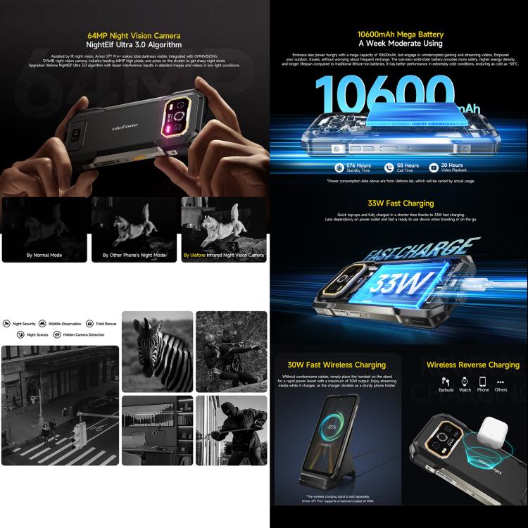 Ulefone Armor 27T Pro+ Rugged Phone, FLIR 3.5 Thermal Imaging, 12GB+256GB, Night Vision, 10600mAh, 6.78 inch Android 15 MediaTek Dimensity 6300 Octa Core, Network: 5G, NFC, Armor 27T Pro+ – Lanyard, Magnetic, Card Slot