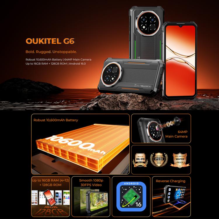 Oukitel G6 Rugged Phone, 4GB+128GB, Fingerprint Identification, 10600mAh Battery, 6.52 inch Android 16.0 Unisoc T615 Octa Core, NFC, OTG, Network: 4G, 4GB+128GB – Durable Build, Easy to Use