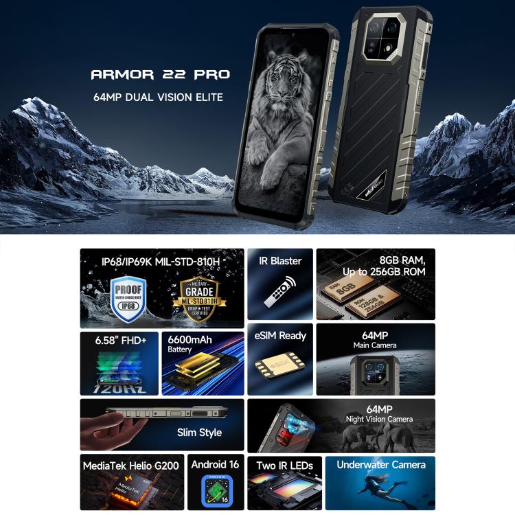 Ulefone Armor 22 Pro IP68/IP69K Rugged Phone, 8GB+128GB, 6.58 inch Android 15 MediaTek Helio G96 Octa Core, Network: 4G, NFC, OTG, 8GB+128GB – Lanyard, Magnetic, Card Slot