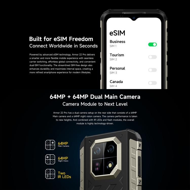 Ulefone Armor 22 Pro IP68/IP69K Rugged Phone, 8GB+128GB, 6.58 inch Android 15 MediaTek Helio G96 Octa Core, Network: 4G, NFC, OTG, 8GB+128GB – Lanyard, Magnetic, Card Slot