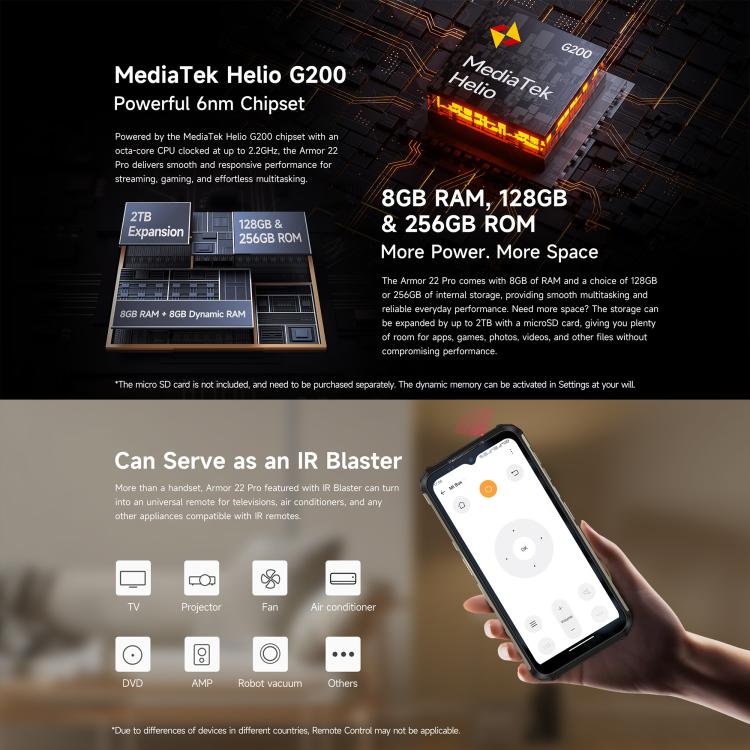 Ulefone Armor 22 Pro IP68/IP69K Rugged Phone, 8GB+128GB, 6.58 inch Android 15 MediaTek Helio G96 Octa Core, Network: 4G, NFC, OTG, 8GB+128GB – Lanyard, Magnetic, Card Slot