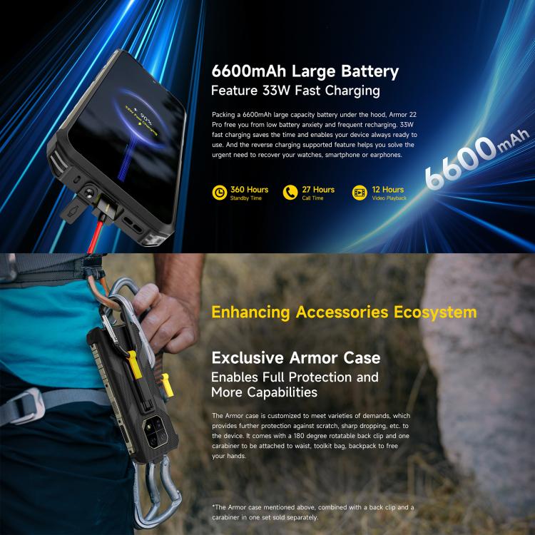 Ulefone Armor 22 Pro IP68/IP69K Rugged Phone, 8GB+128GB, 6.58 inch Android 15 MediaTek Helio G96 Octa Core, Network: 4G, NFC, OTG, 8GB+128GB – Lanyard, Magnetic, Card Slot