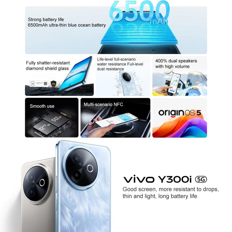 vivo Y300i, 8GB+128GB, Face ID / Side Fingerprint, 6.68 inch Android 15 OriginOS 5 Snapdragon 4 Gen 2 Octa Core, OTG, NFC, Network: 5G, 8GB+128GB